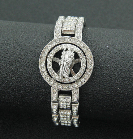 TALKLESSFASHION Silver (Father St. Jude) MS Watch Bracelet Cross Rotating American Hip Hop Hip Hop Time Running Women's Full Diamond Dollar Men's Bracelet