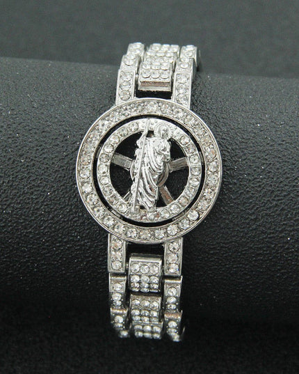TALKLESSFASHION Silver (Father St. Jude) MS Watch Bracelet Cross Rotating American Hip Hop Hip Hop Time Running Women's Full Diamond Dollar Men's Bracelet