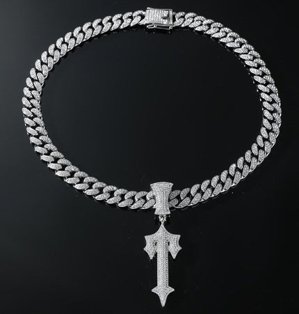 TALKLESSFASHION Silver pendant + 50 cm Cuban diamond chain MS Sword Cuban Chain American Hip Hop Diamond Full Diamond Trend Hiphop Rap Rap Premium Pendant Men's Necklace