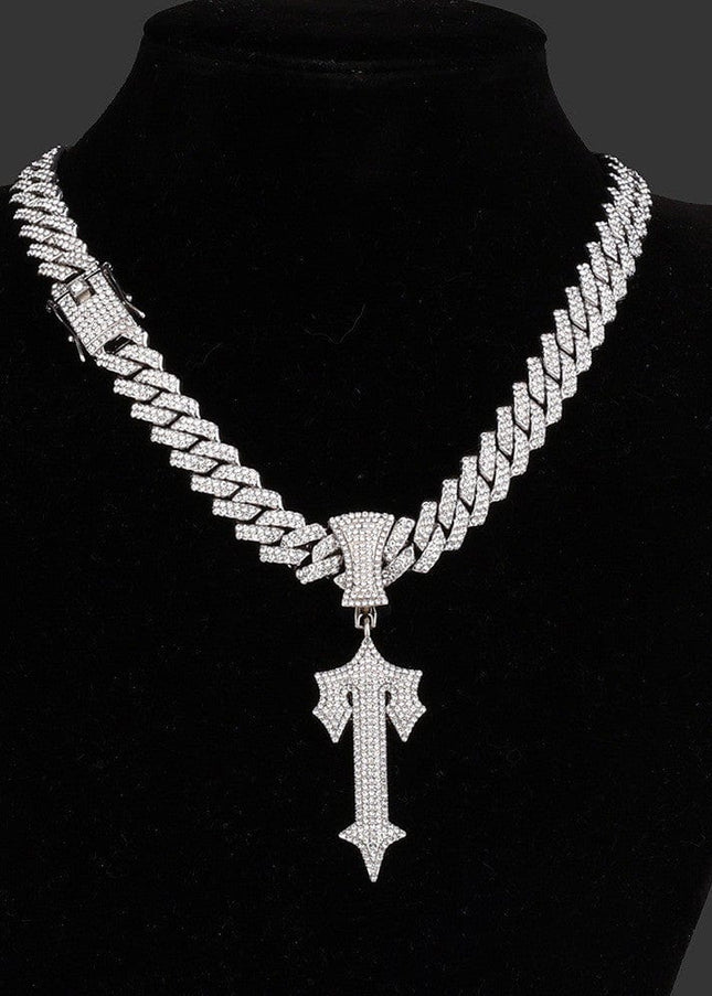 TALKLESSFASHION Silver pendant + 55 cm diamond Cuban diamond chain MS Sword Cuban Chain American Hip Hop Diamond Full Diamond Trend Hiphop Rap Rap Premium Pendant Men's Necklace