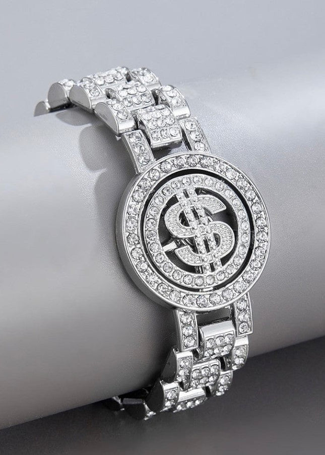 TALKLESSFASHION Silver (USD) MS Watch Bracelet Cross Rotating American Hip Hop Hip Hop Time Running Women's Full Diamond Dollar Men's Bracelet