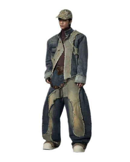 TALKLESSFASHION stand collar structure Unisex denim jacket & scimitar jeans