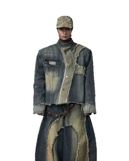 TALKLESSFASHION stand collar structure Unisex denim jacket & scimitar jeans