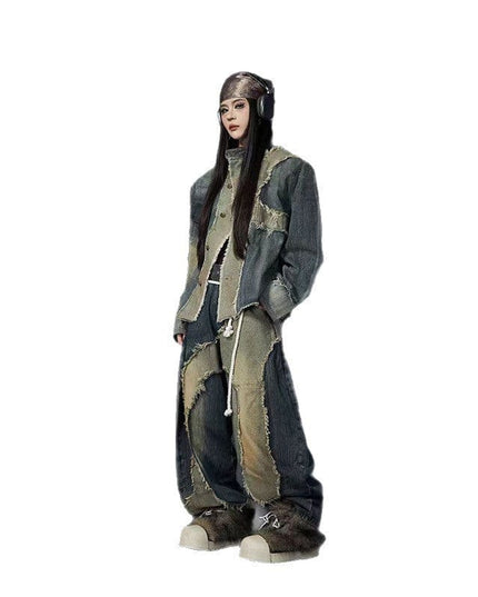 TALKLESSFASHION stand collar structure Unisex denim jacket & scimitar jeans