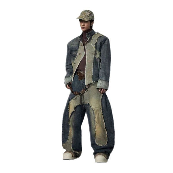 stand collar structure Unisex denim jacket & scimitar jeans