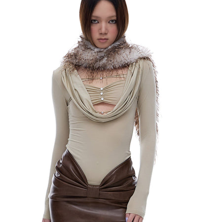 TALKLESSFASHION STARTTHEENGINE original hot girl V-shaped low-waisted pleated hip anti-shine PU leather skirt A-line skirt