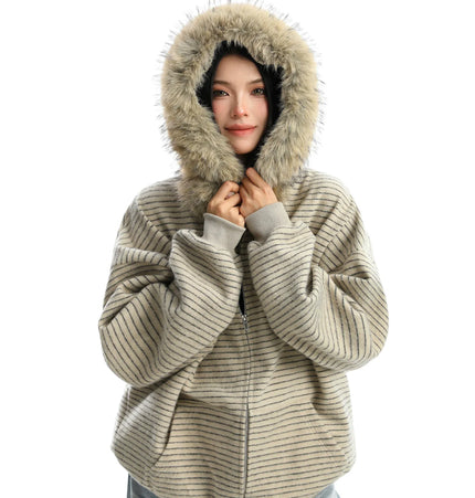 THETLSTUDIO Striped Detachable Fur Hood Jacket