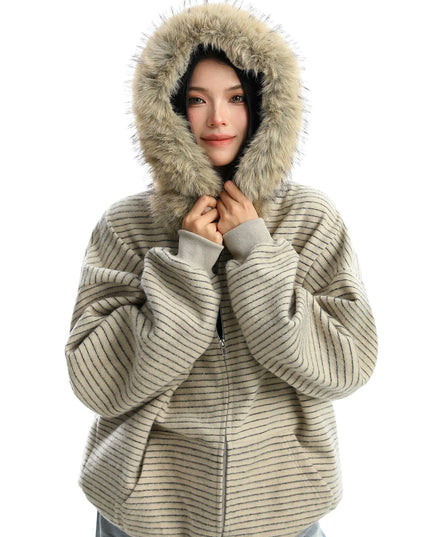 TALKLESSFASHION Striped Detachable Fur Hood Jacket