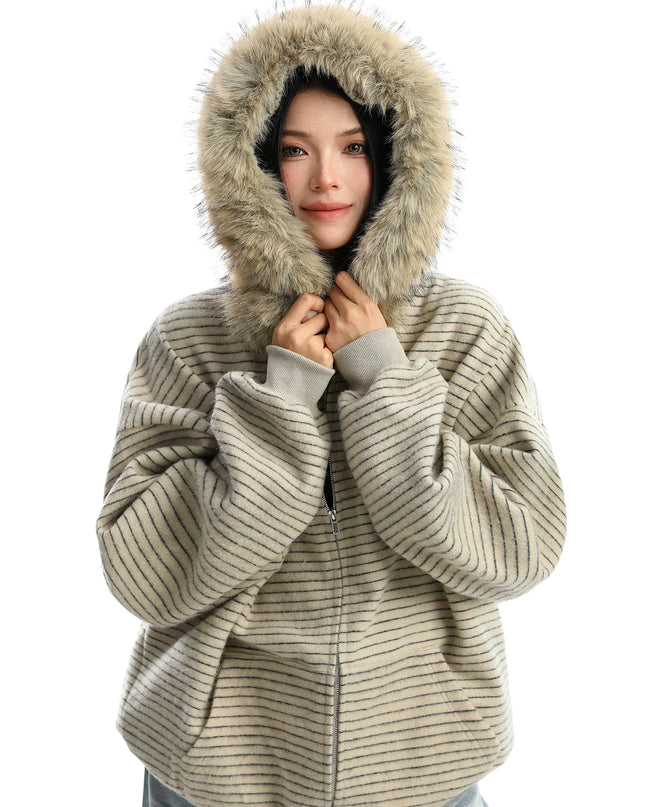 TALKLESSFASHION Striped Detachable Fur Hood Jacket