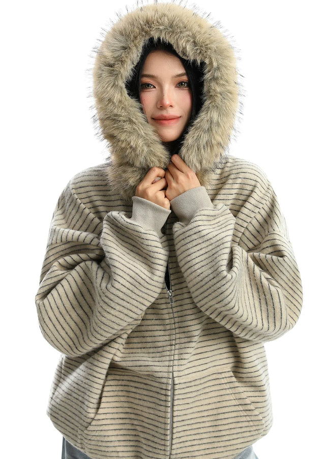 TALKLESSFASHION Striped Detachable Fur Hood Jacket