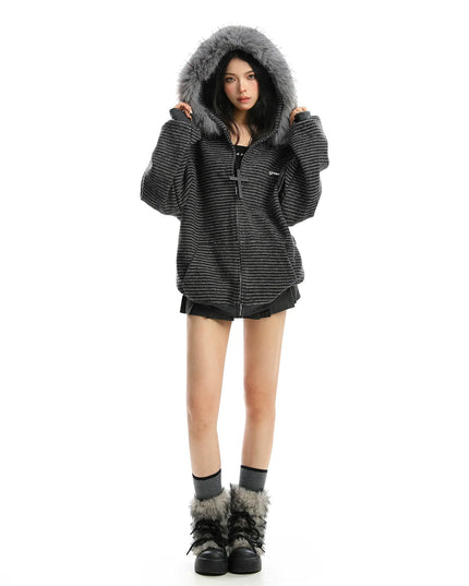 TALKLESSFASHION Striped Detachable Fur Hood Jacket