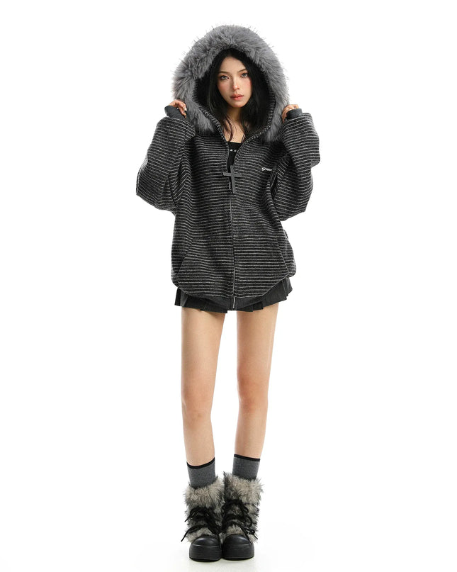TALKLESSFASHION Striped Detachable Fur Hood Jacket