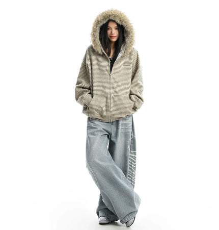 THETLSTUDIO Striped Detachable Fur Hood Jacket