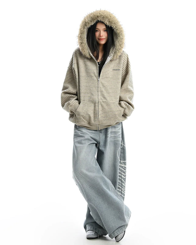 TALKLESSFASHION Striped Detachable Fur Hood Jacket