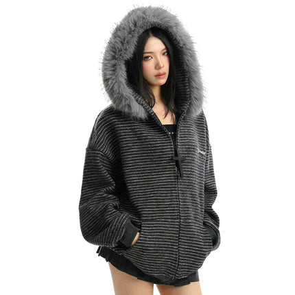 TALKLESSFASHION Striped Detachable Fur Hood Jacket
