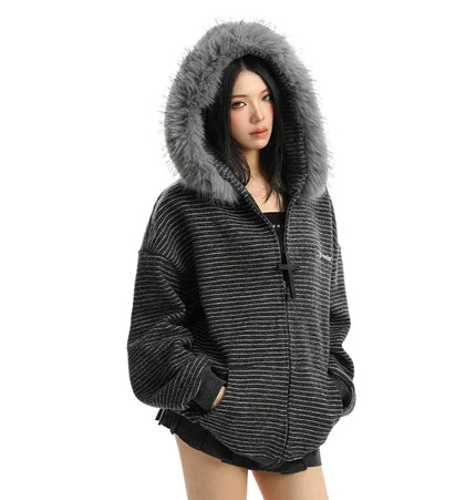 THETLSTUDIO Striped Detachable Fur Hood Jacket