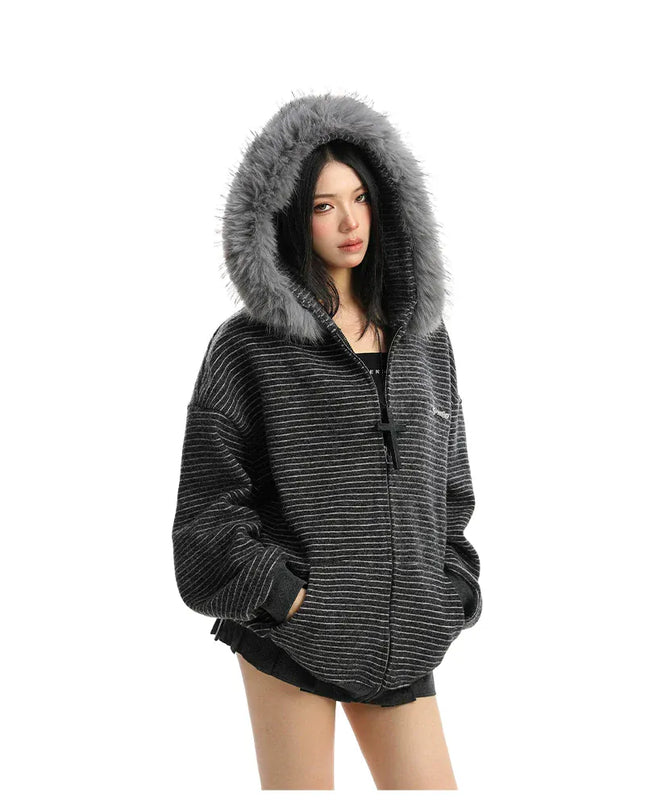 TALKLESSFASHION Striped Detachable Fur Hood Jacket