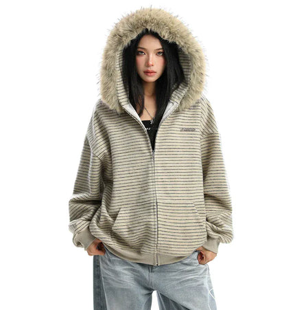 THETLSTUDIO Striped Detachable Fur Hood Jacket