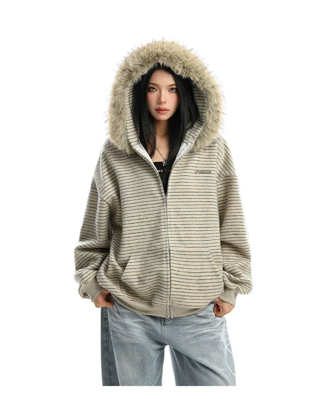 TALKLESSFASHION Striped Detachable Fur Hood Jacket
