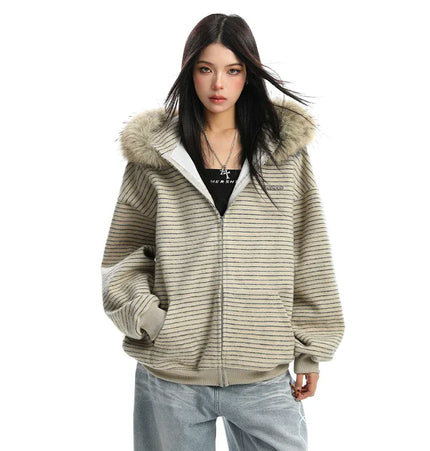 THETLSTUDIO Striped Detachable Fur Hood Jacket