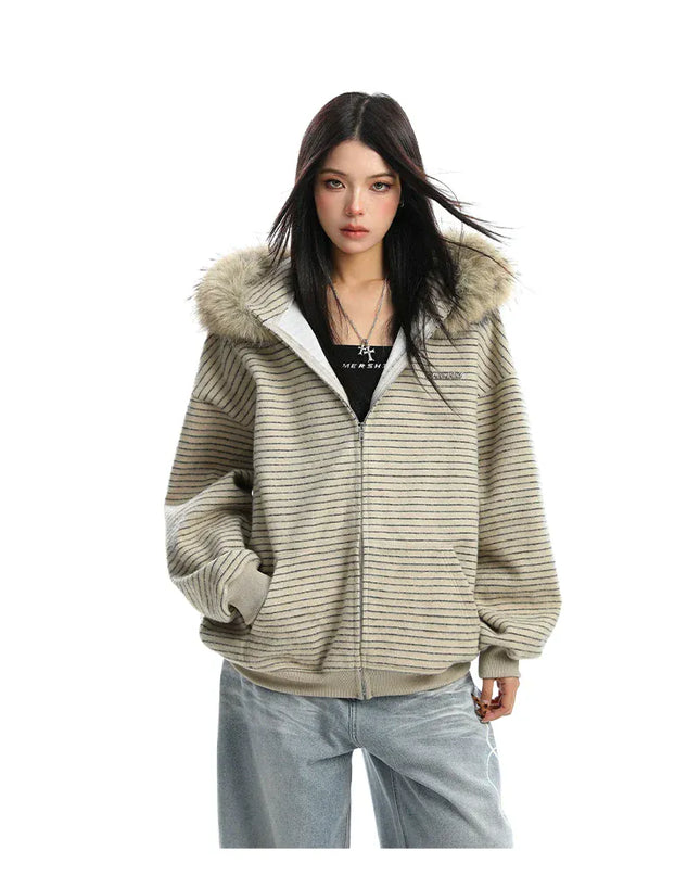 TALKLESSFASHION Striped Detachable Fur Hood Jacket