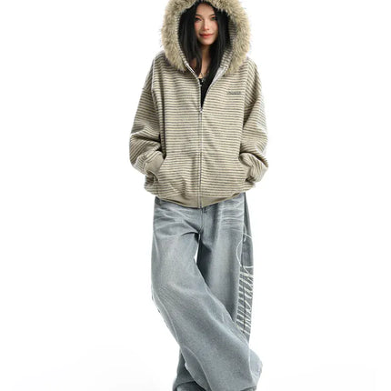 TALKLESSFASHION Striped Detachable Fur Hood Jacket