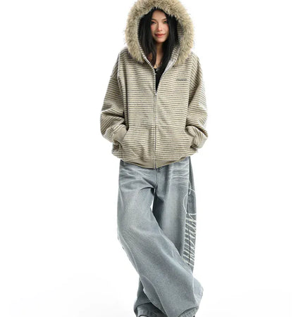 THETLSTUDIO Striped Detachable Fur Hood Jacket