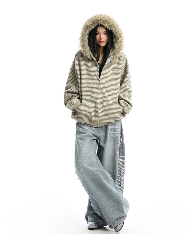 TALKLESSFASHION Striped Detachable Fur Hood Jacket
