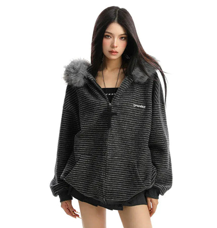 THETLSTUDIO Striped Detachable Fur Hood Jacket