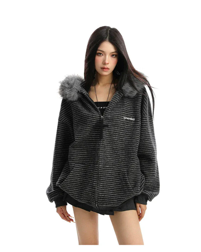 TALKLESSFASHION Striped Detachable Fur Hood Jacket