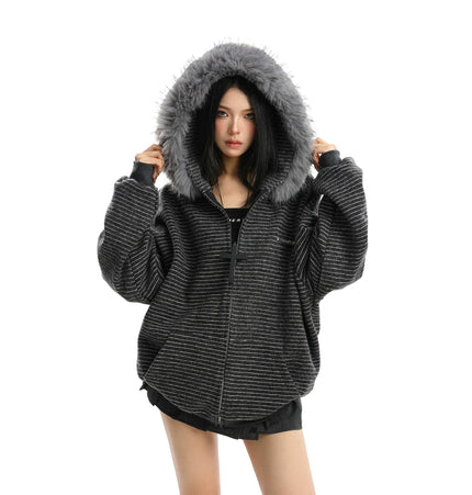 THETLSTUDIO Striped Detachable Fur Hood Jacket