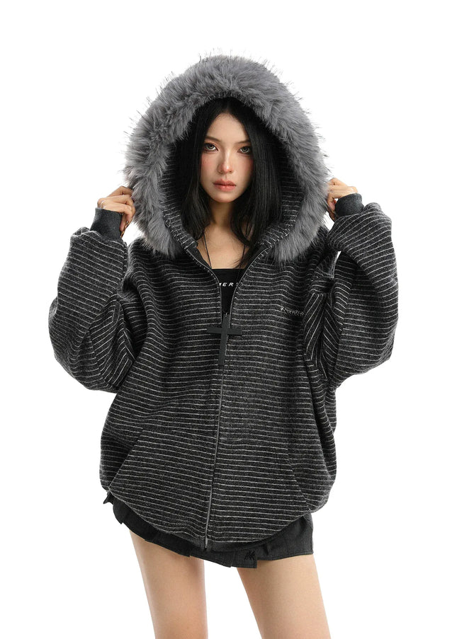 TALKLESSFASHION Striped Detachable Fur Hood Jacket
