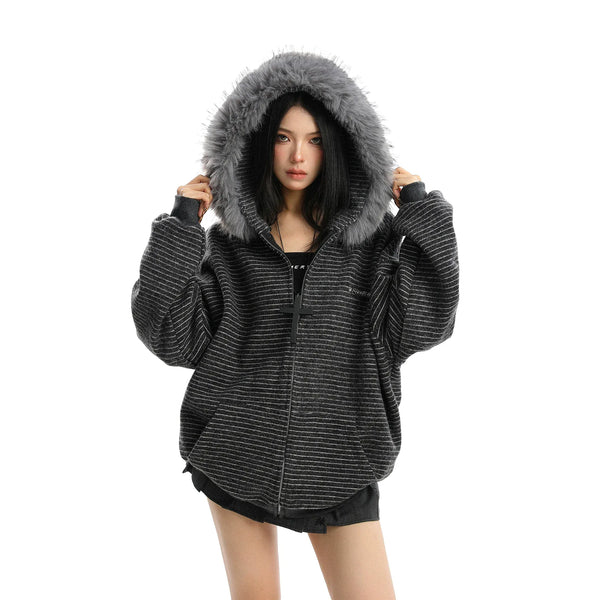 Striped Detachable Fur Hood Jacket