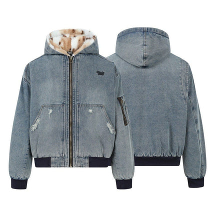 TALKLESSFASHION TaelePlus Trendy American Vintage Winter Denim Jacket Men's and Women's Leopard Print Hooded Mountain Carving Cotton Jacket TP374