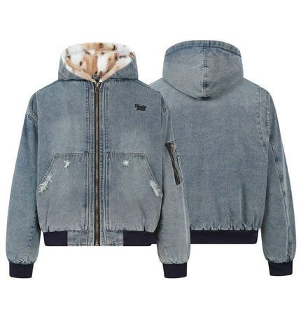 THETLSTUDIO TaelePlus Trendy American Vintage Winter Denim Jacket Men's and Women's Leopard Print Hooded Mountain Carving Cotton Jacket TP374