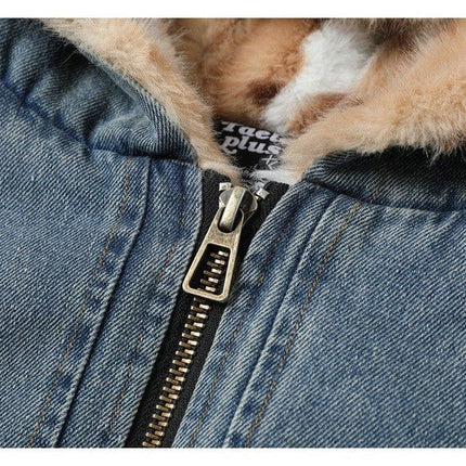 TALKLESSFASHION TaelePlus Trendy American Vintage Winter Denim Jacket Men's and Women's Leopard Print Hooded Mountain Carving Cotton Jacket TP374