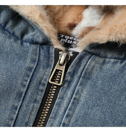THETLSTUDIO TaelePlus Trendy American Vintage Winter Denim Jacket Men's and Women's Leopard Print Hooded Mountain Carving Cotton Jacket TP374