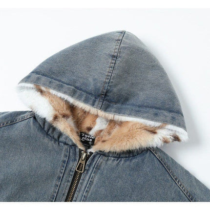 TALKLESSFASHION TaelePlus Trendy American Vintage Winter Denim Jacket Men's and Women's Leopard Print Hooded Mountain Carving Cotton Jacket TP374