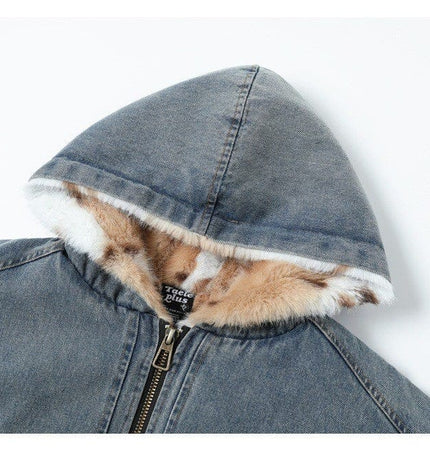 THETLSTUDIO TaelePlus Trendy American Vintage Winter Denim Jacket Men's and Women's Leopard Print Hooded Mountain Carving Cotton Jacket TP374