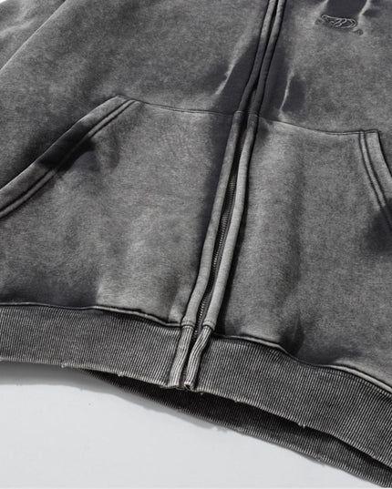TALKLESSFASHION TALKLESS Washed Distressed ZIP-UP Hoodie—4226