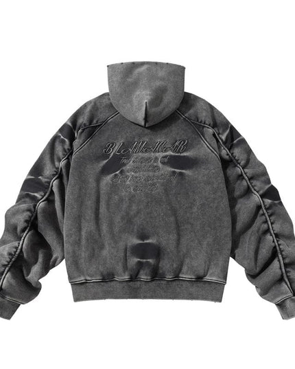 TALKLESSFASHION TALKLESS Washed Distressed ZIP-UP Hoodie—4226
