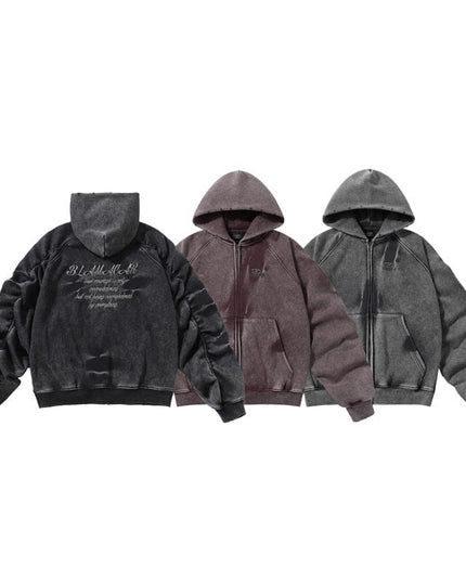 TALKLESSFASHION TALKLESS Washed Distressed ZIP-UP Hoodie—4226