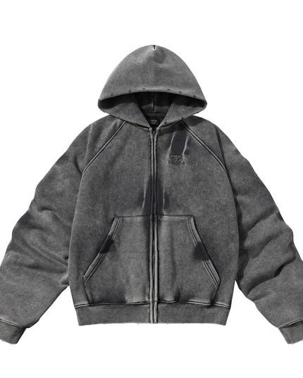 TALKLESSFASHION TALKLESS Washed Distressed ZIP-UP Hoodie—4226