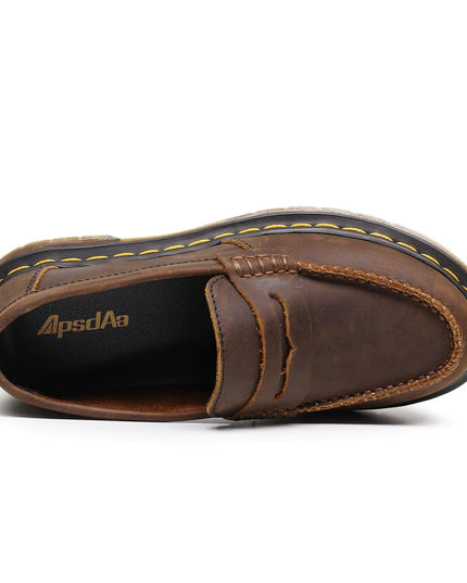TALKLESSFASHION Top layer Crazy Horse dark brown loafers, fashion commuting, low-top small leather shoes, women's cross-border plus-size casual brogues, men's shoes