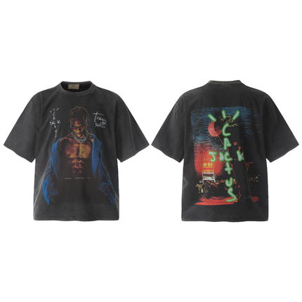 TALKLESSFASHION Travis Scottt Portrait Show-Limited Funny Print Vintage Washed Distressed Short Sleeve T-Shirt