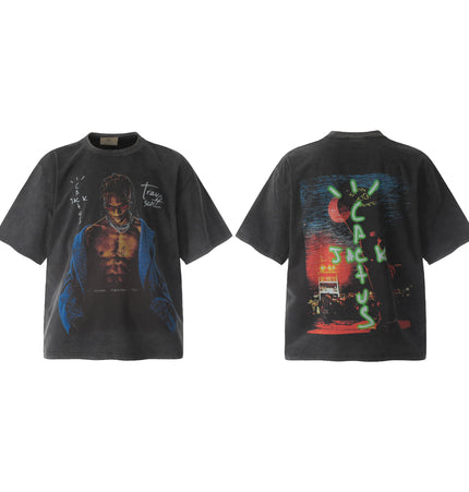 THETLSTUDIO Travis Scottt Portrait Show-Limited Funny Print Vintage Washed Distressed Short Sleeve T-Shirt
