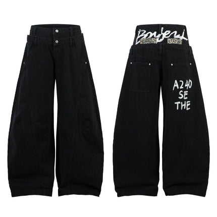 TALKLESSFASHION Trendy street letter graffiti patch leopard print fake two pieces of design scimitar wide-leg hip-hop jeans for men and women