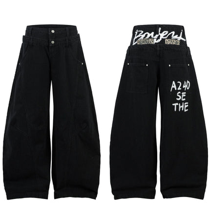 THETLSTUDIO Trendy street letter graffiti patch leopard print fake two pieces of design scimitar wide-leg hip-hop jeans for men and women