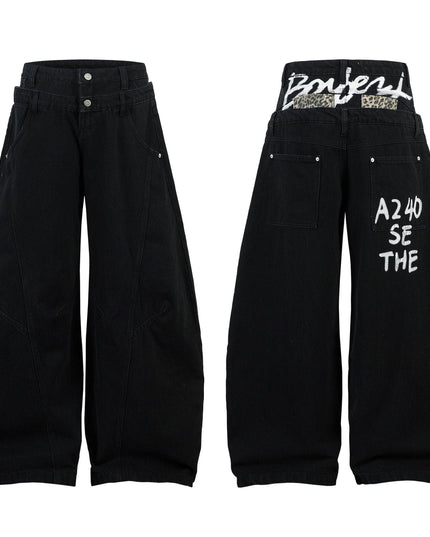 TALKLESSFASHION Trendy street letter graffiti patch leopard print fake two pieces of design scimitar wide-leg hip-hop jeans for men and women