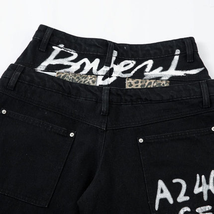 TALKLESSFASHION Trendy street letter graffiti patch leopard print fake two pieces of design scimitar wide-leg hip-hop jeans for men and women
